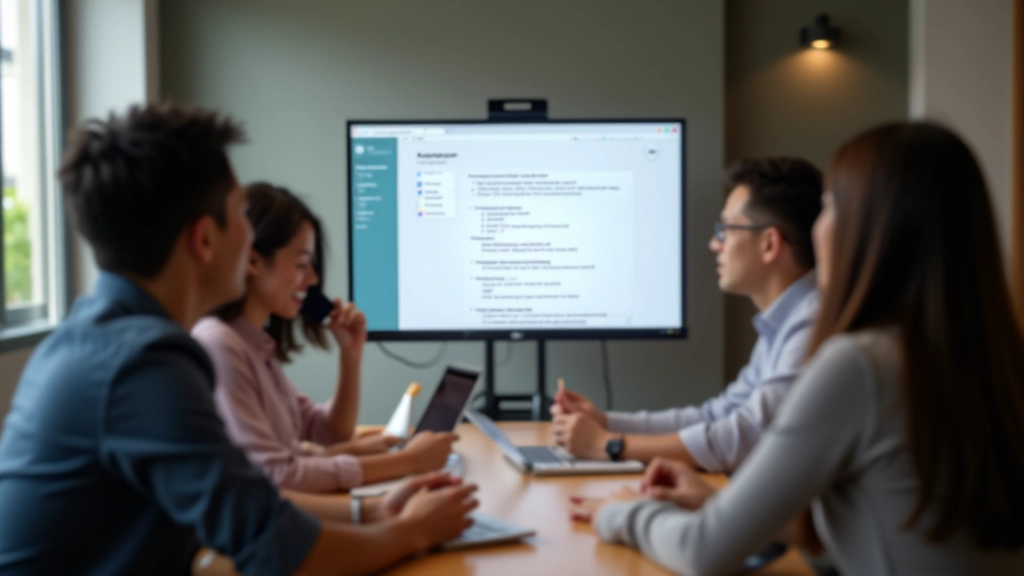 Team members looking at shared agenda on laptop screen during virtual meeting with focused expressions