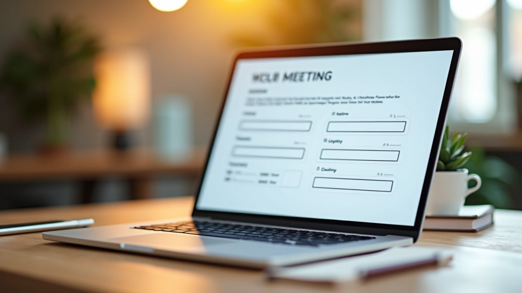 Computer screen showing a structured meeting minutes template with sections for decisions, actions, and attendees