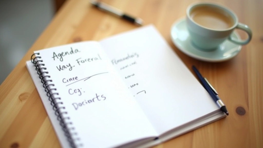 Meeting notes on notebook with pen and coffee cup on wooden table