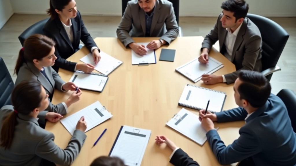 Team discussion during meeting with diverse group seated around conference table