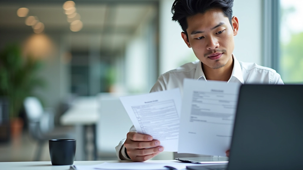Project manager reviewing follow-up action items at desk with laptop and checklist