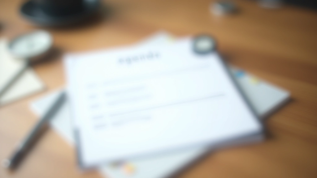Notepad with structured agenda outline, pen, and watch on desk showing time management