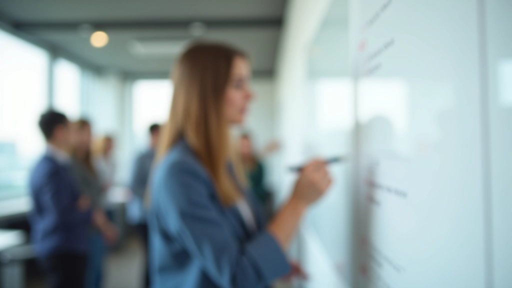 Project manager writing agenda items on whiteboard with team members watching and taking notes